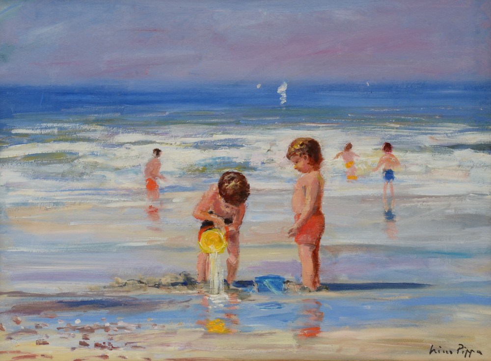 Nino Pippa Oil Painting on Board "Seattle - Children Playing on the Seashore"