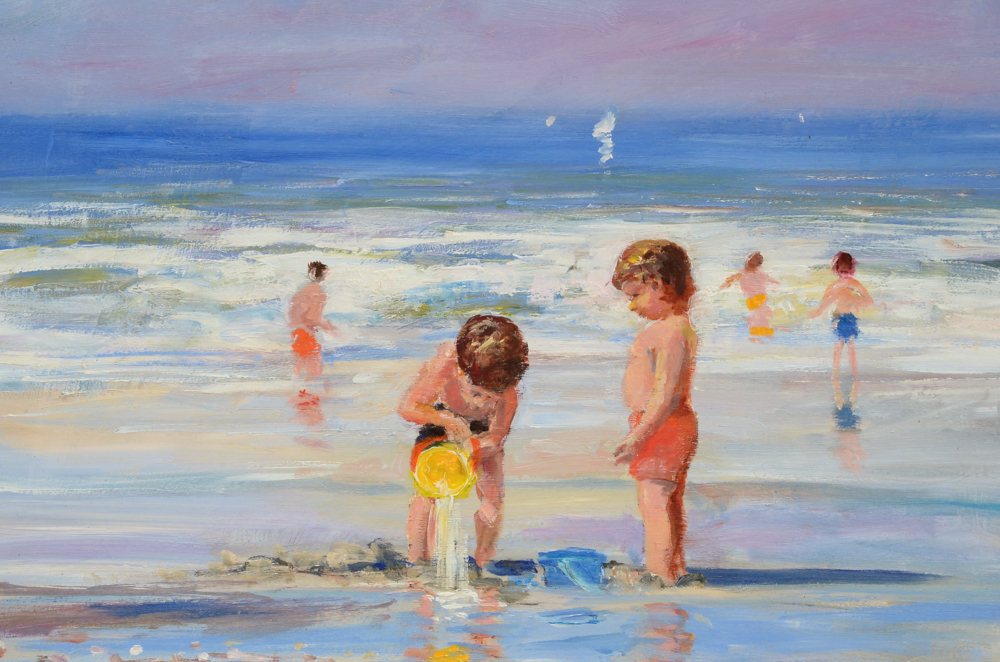 Nino Pippa Oil Painting on Board "Seattle - Children Playing on the Seashore"