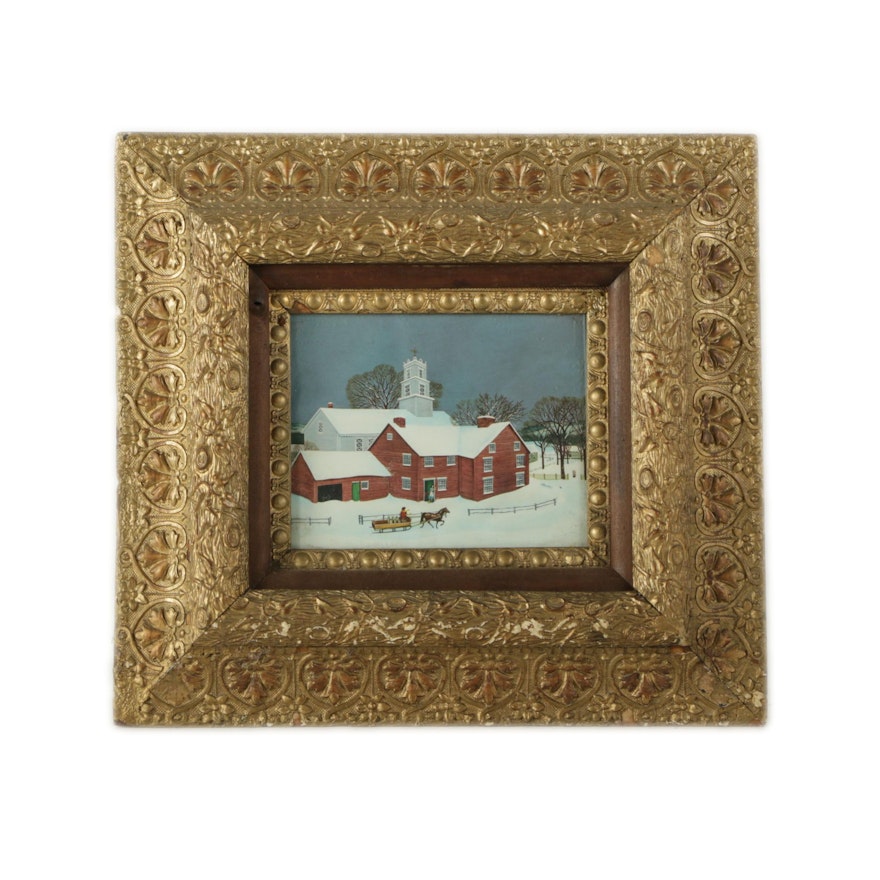 Folk Art Reproduction Print of Winter Scene