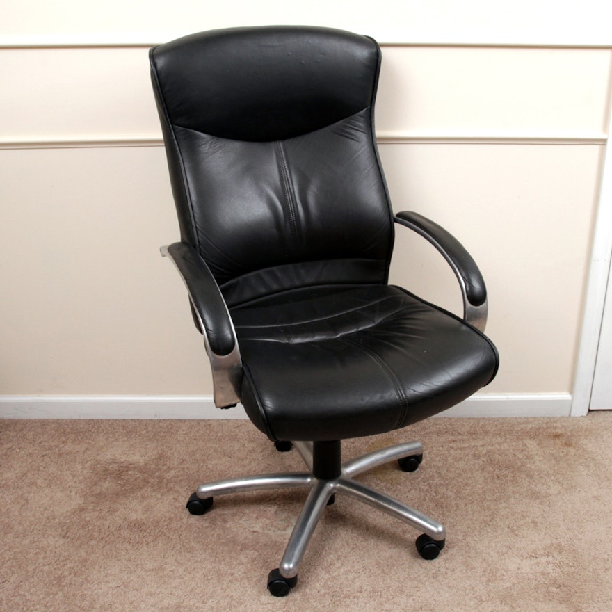 Black Leather Office Chair with Metal Swivel Base