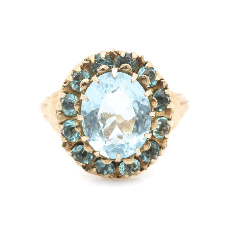 10K Yellow Gold Blue Glass Ring