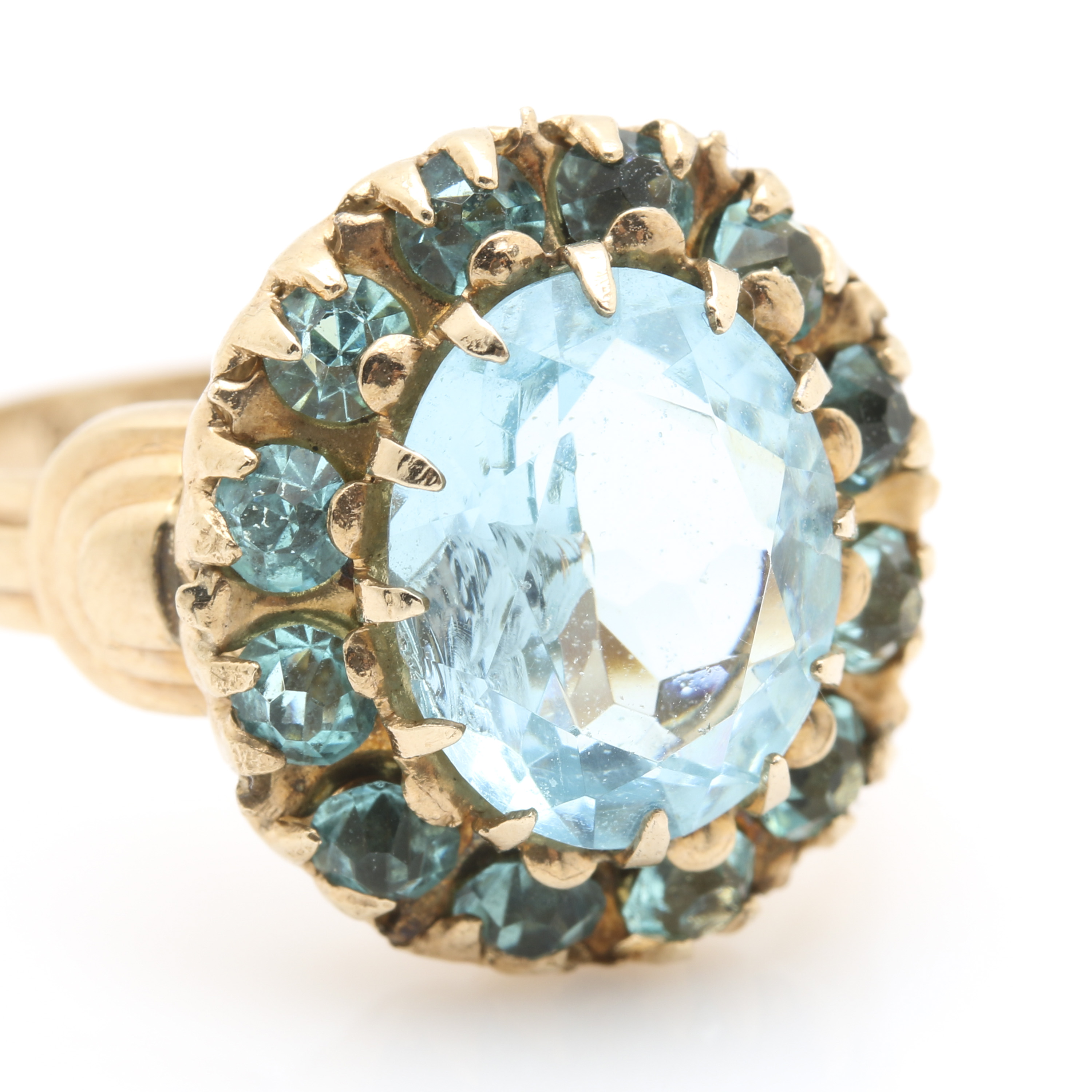 10K Yellow Gold Blue Glass Ring