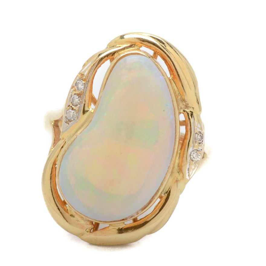 18K Yellow Gold Opal Diamond Statement Ring