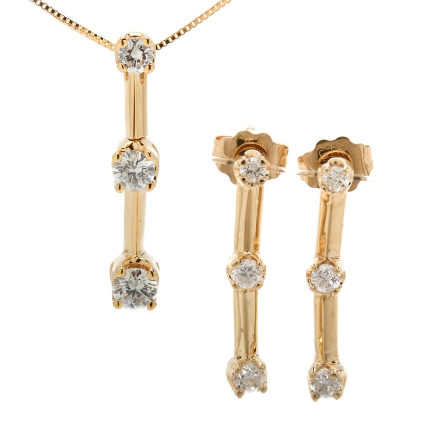 14K Yellow Gold Diamond Necklace and Drop Earring Set