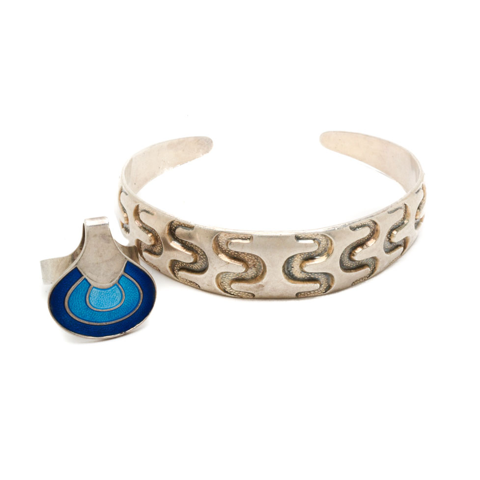 David Andersen Norwegian Modernist Sterling Silver Ring and Cuff Bracelet