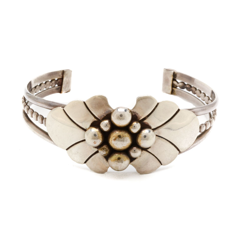 Sterling Silver Flower Cuff Bracelet Signed by Artist