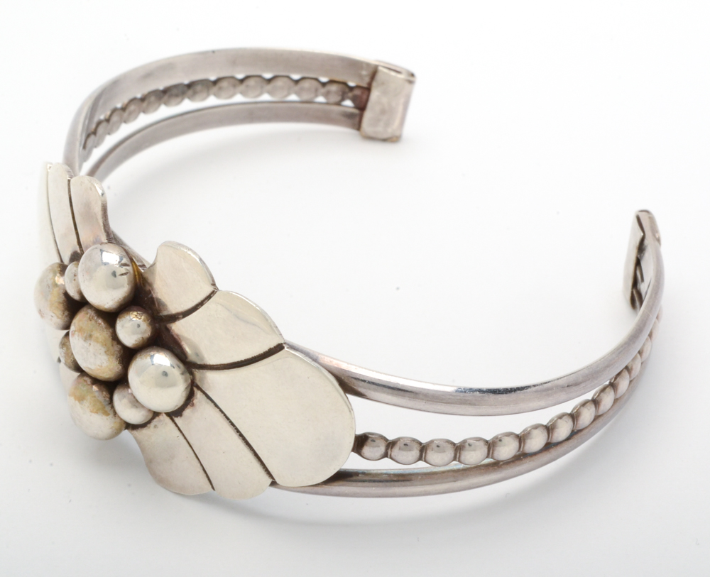 Sterling Silver Flower Cuff Bracelet Signed by Artist