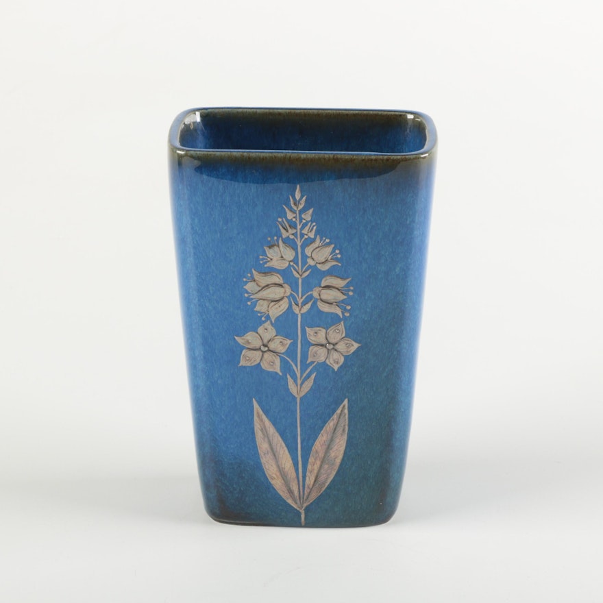 Gustavsberg "Lagun" Argenta Blue Ceramic Vase with Silver Silver Floral Overlay