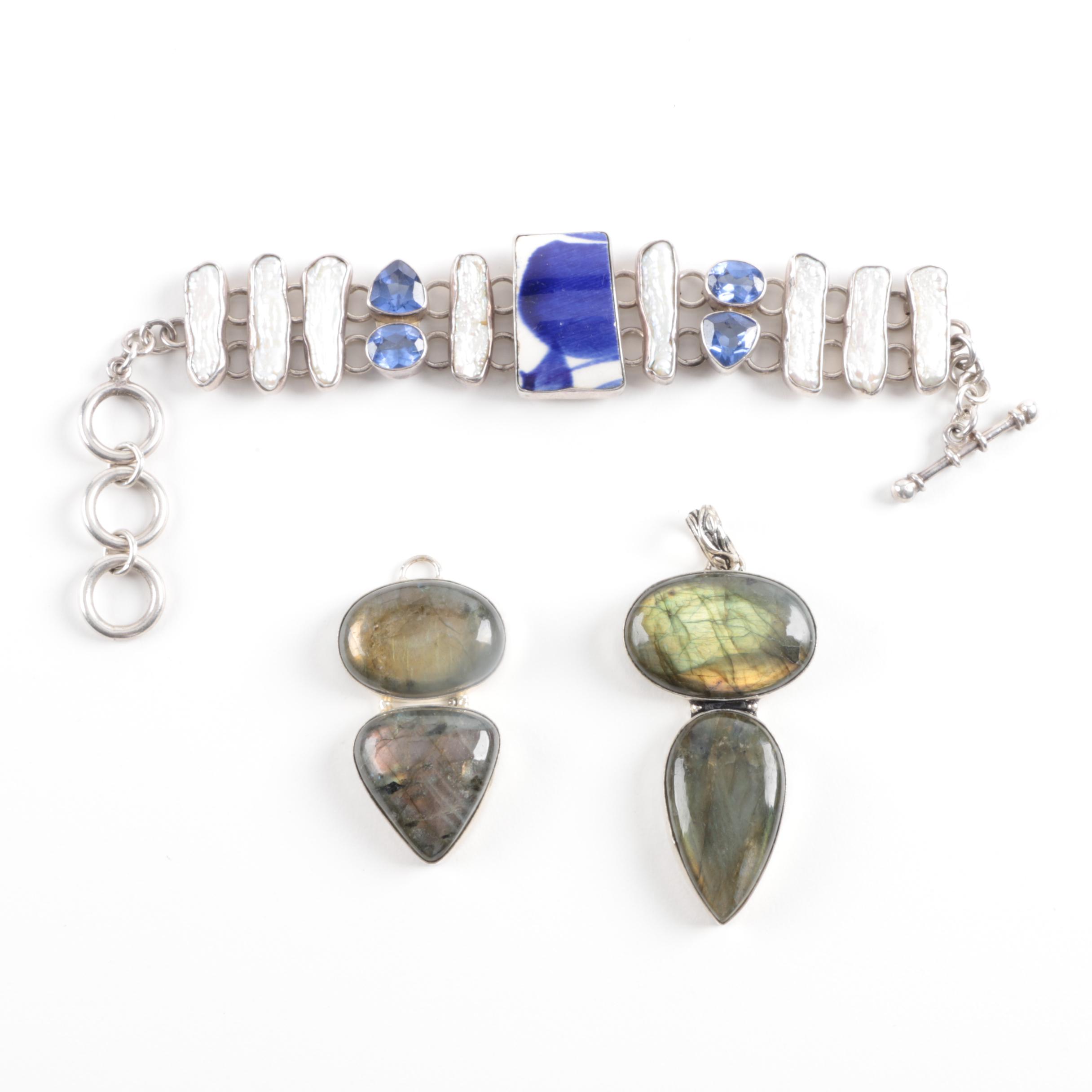 Sterling Silver Gemstone Bracelet Including Pendants