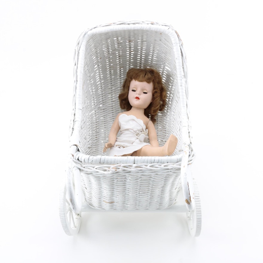 Vintage Doll with Wicker Doll Carriage