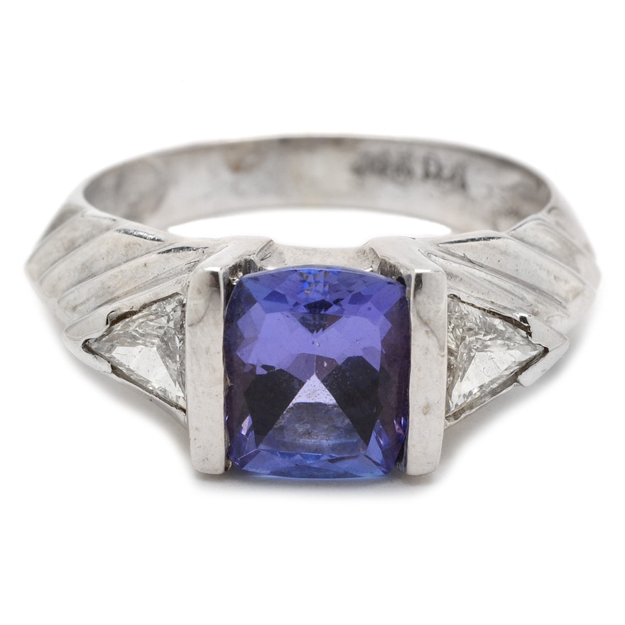 14K White Gold 1.58 Carat Tanzanite Diamond Stepped Ring