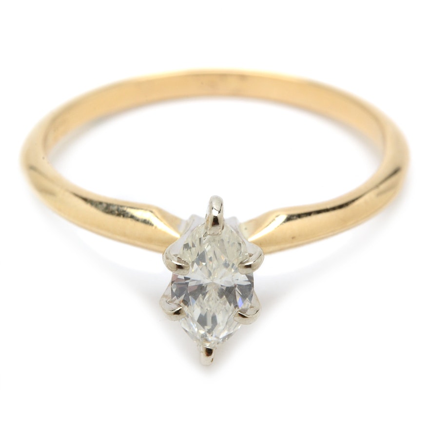 14K Yellow Gold Solitaire Marquise-Cut Diamond Engagement Ring