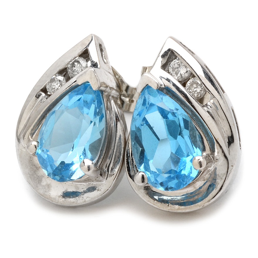 14K White Gold Blue Topaz Diamond Earrings