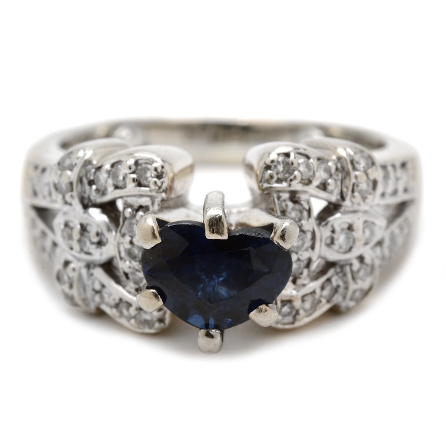 14K White Gold Heart-Cut Natural Blue Sapphire Diamond Statement Ring