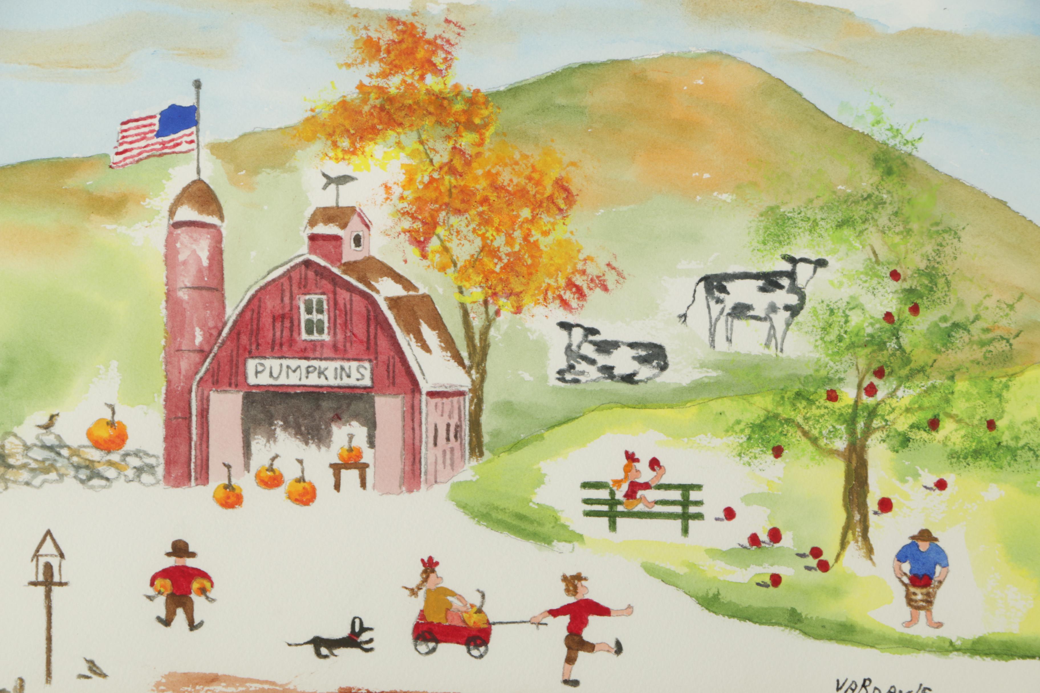 Two Antoinette Vardamis Watercolors "Down the Slopes" and "September Harvest"