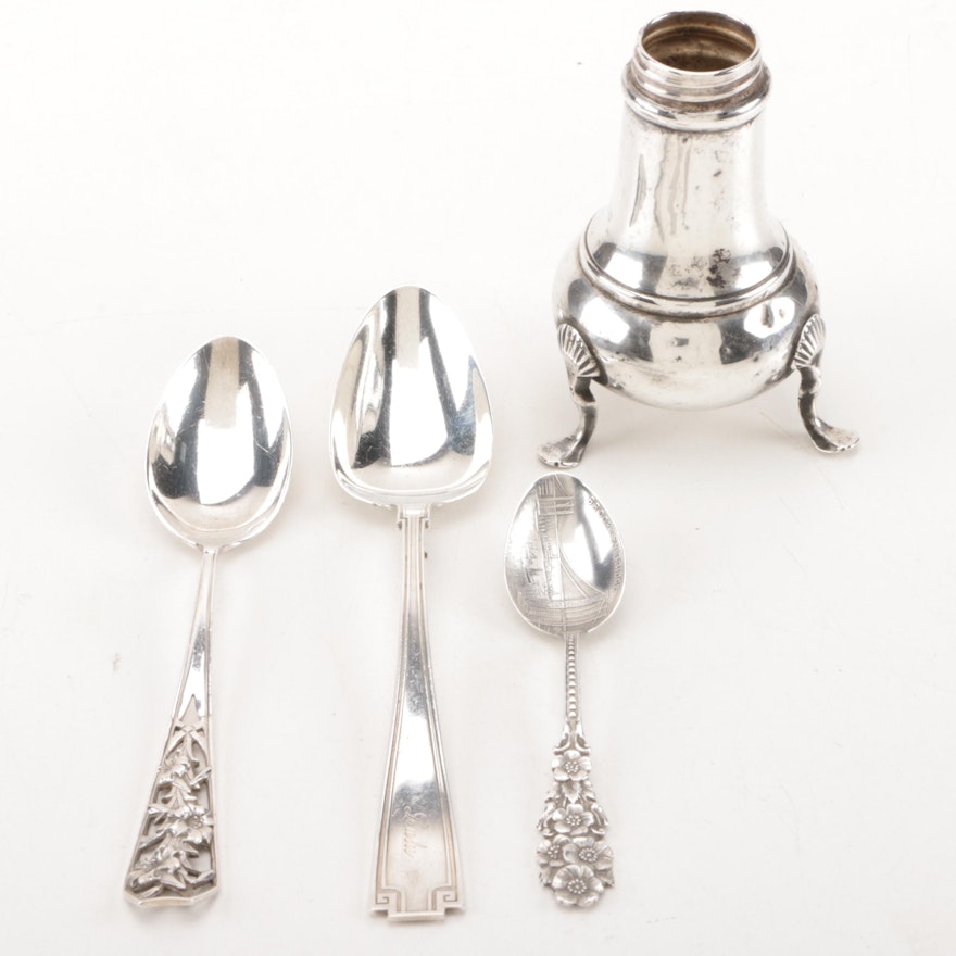 Gorham "Etruscan" and Other Sterling Spoons with Sterling Shaker Base