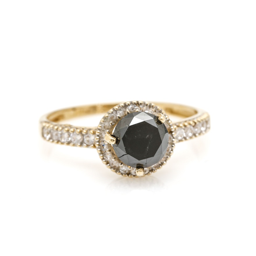 14K Yellow Gold Black Diamond and Cubic Zirconia Ring