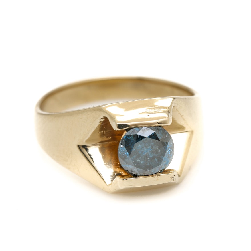 14K Yellow Gold Irradiated Blue Diamond Ring