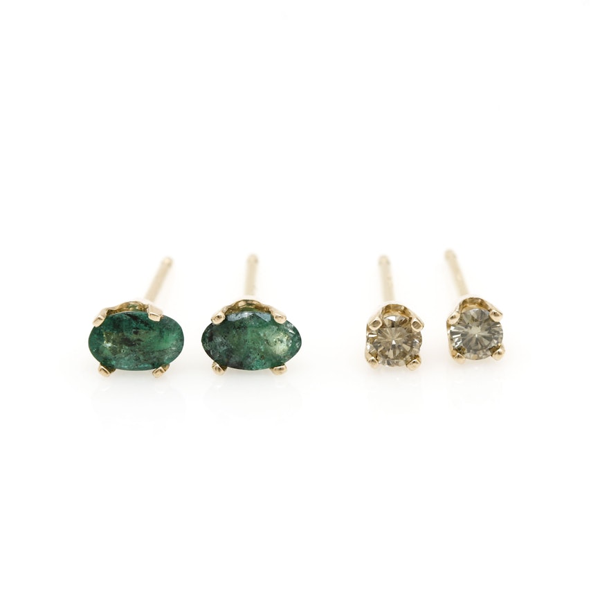 14K Yellow Gold Diamond and Emerald Earrings