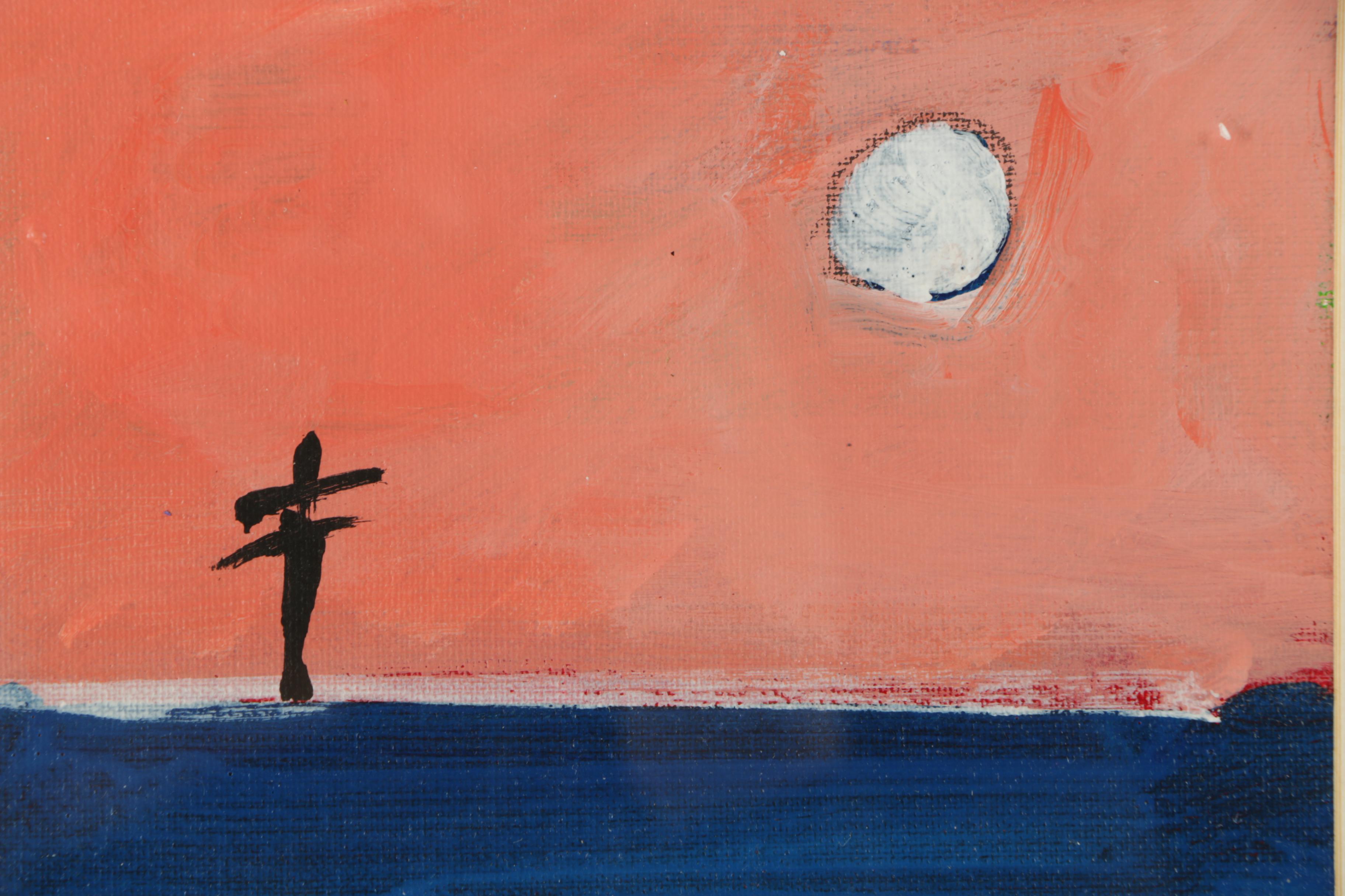 Drawing Features Swathes of Salmon Pink and Rich Blue Depicting a Highway View