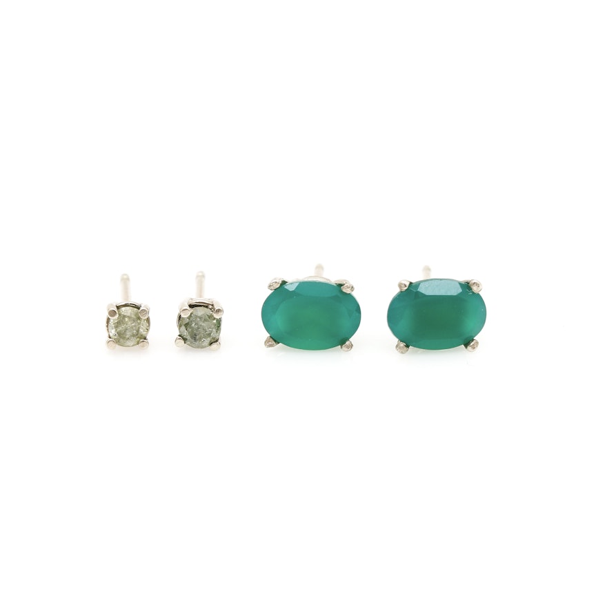 14K White Gold Diamond and Green Chalcedony Stud Earrings