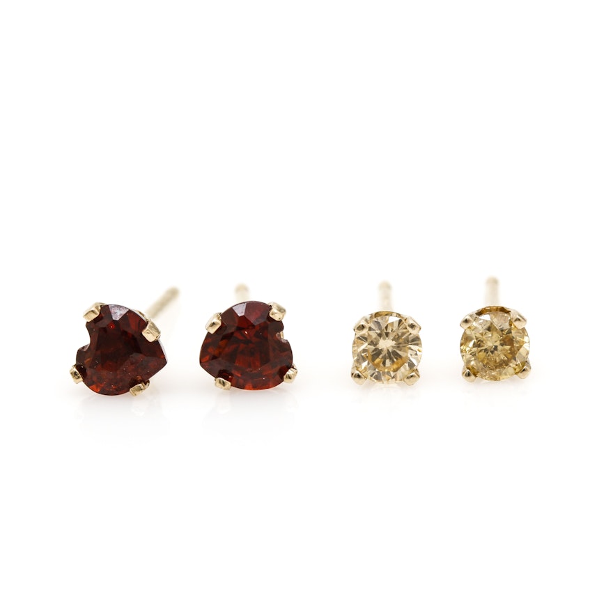 Assortment of 14K Yellow Gold Yellow Diamond and Garnet Heart Stud Earrings