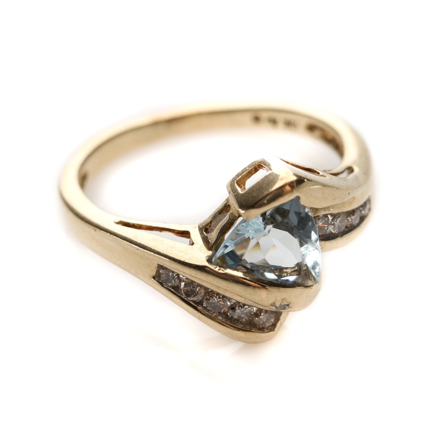 10K Yellow Gold Aquamarine and Diamond Bypass Ring