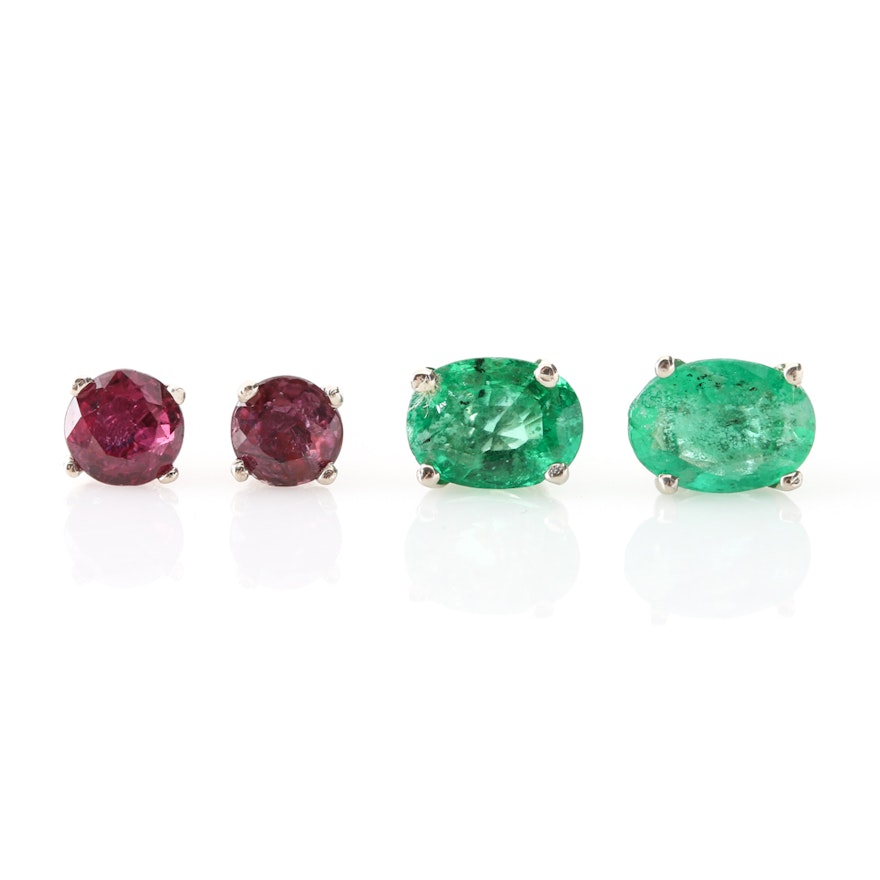 14K White Gold Purple Sapphire and Emerald Stud Earrings