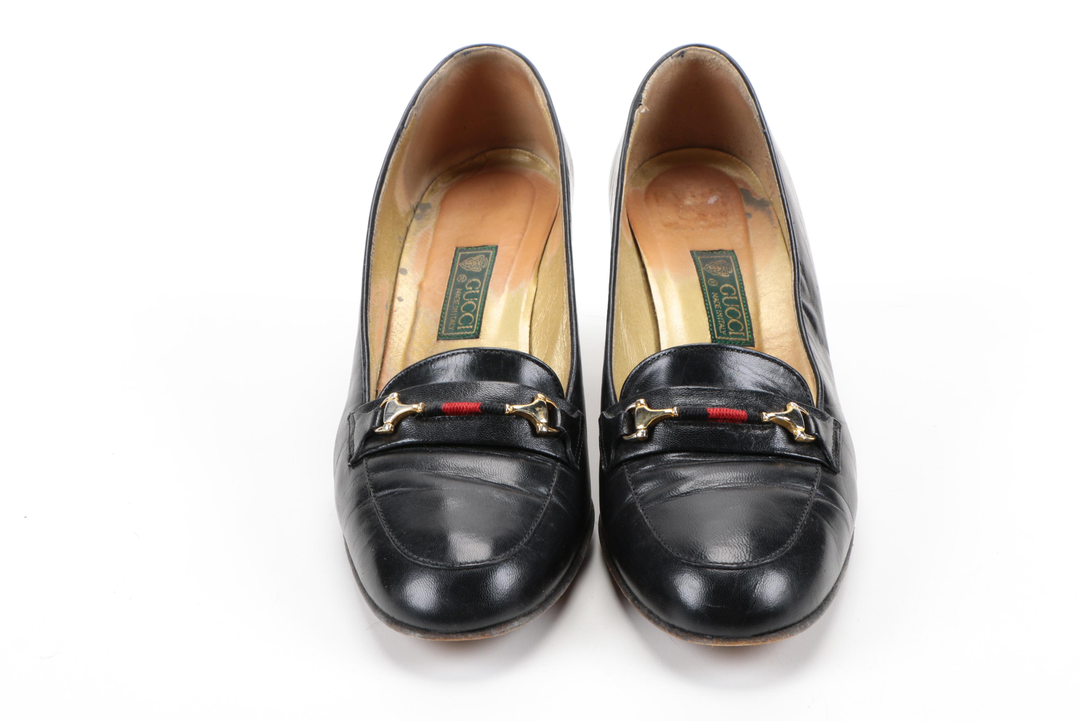 Vintage Gucci Black Leather Heeled Loafers