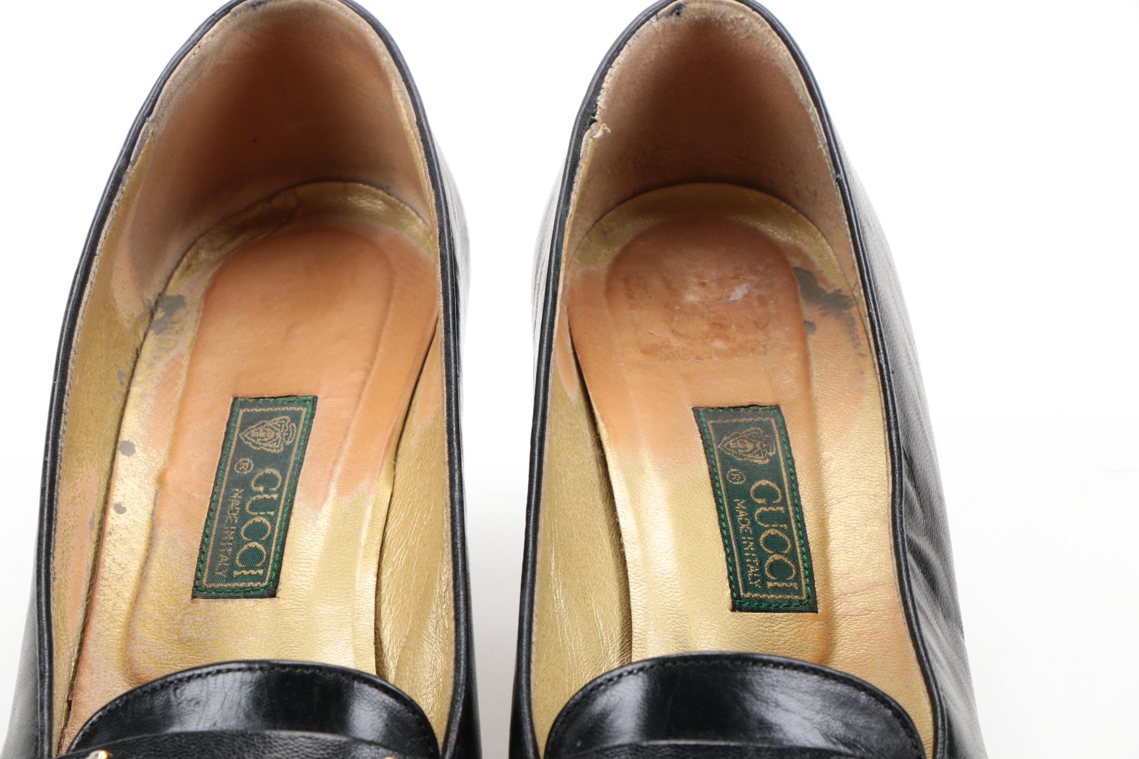 Vintage Gucci Black Leather Heeled Loafers