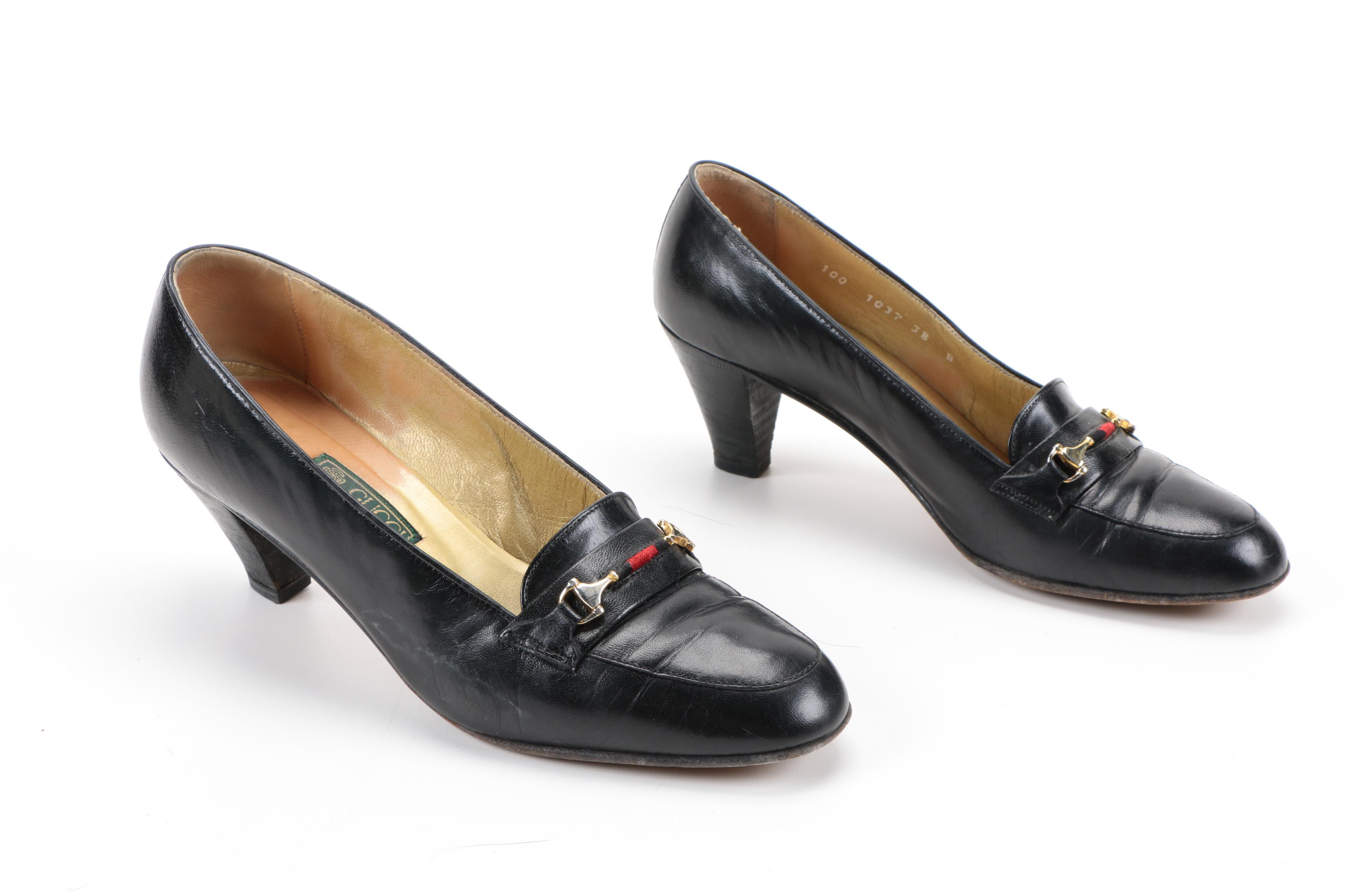 Vintage Gucci Black Leather Heeled Loafers