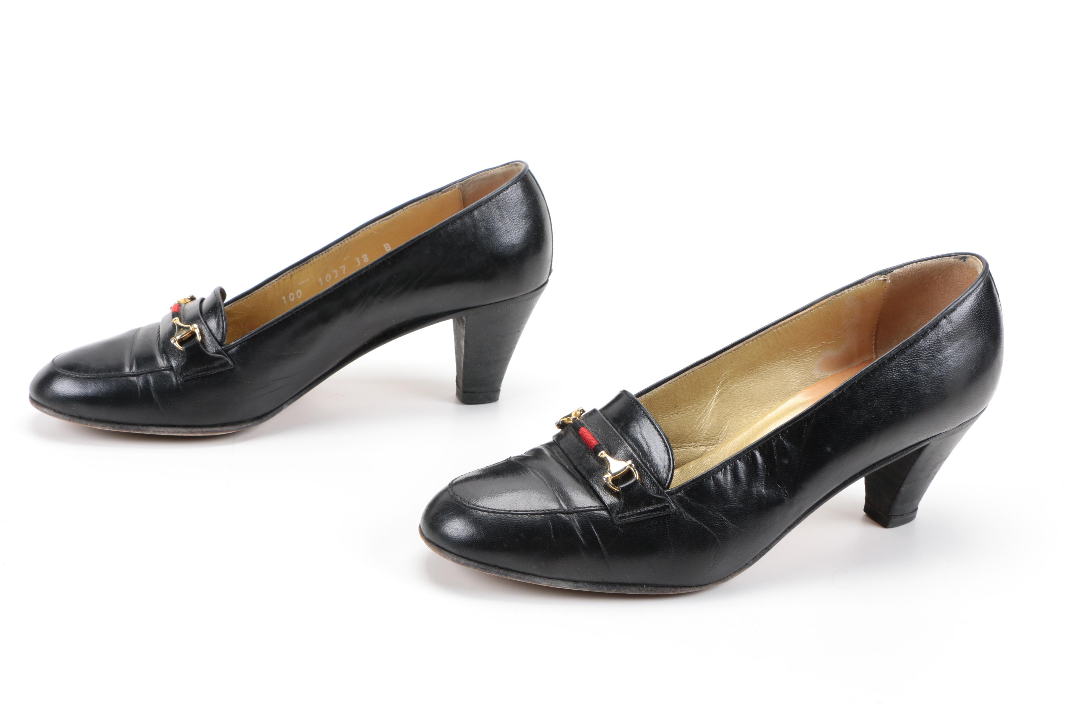 Vintage Gucci Black Leather Heeled Loafers