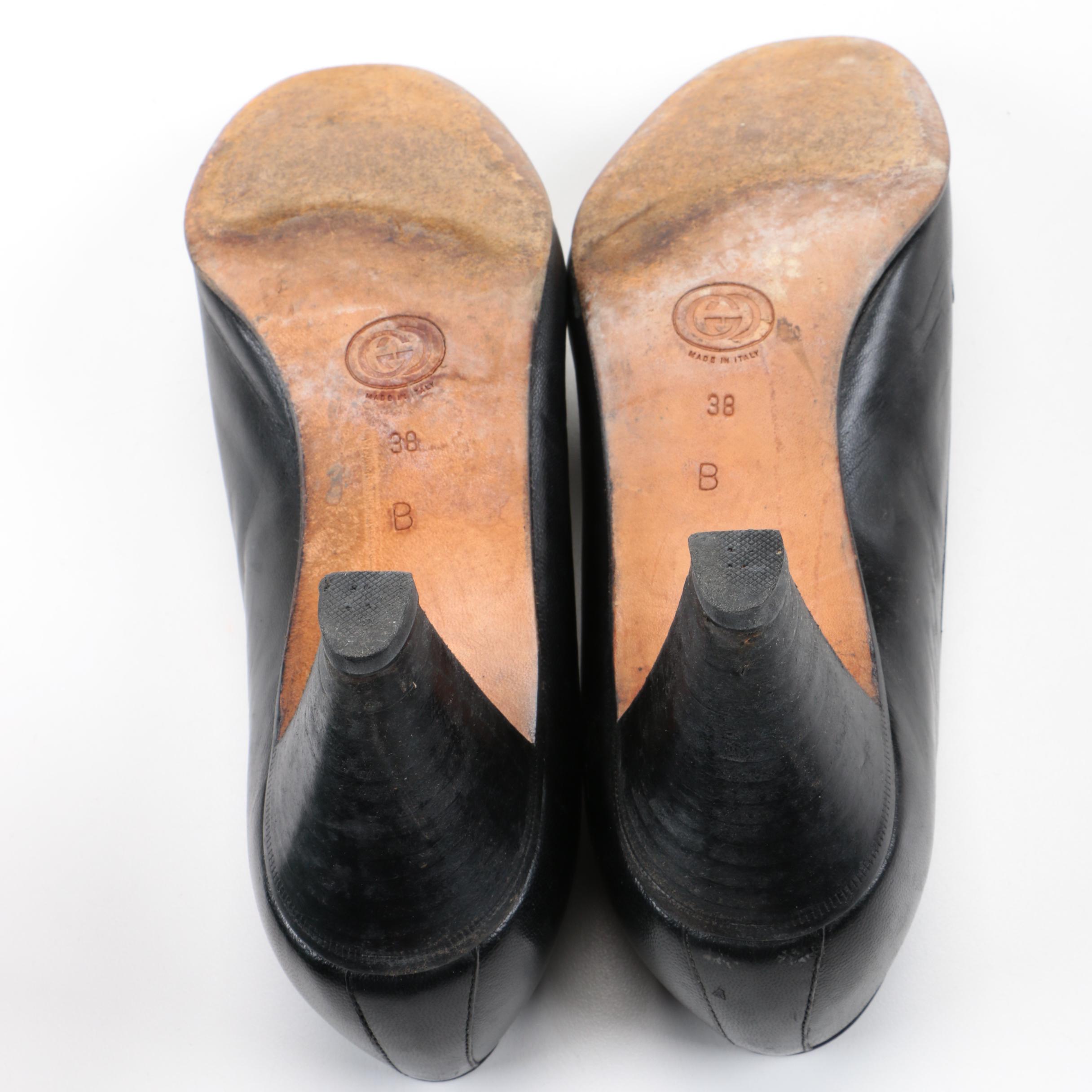 Vintage Gucci Black Leather Heeled Loafers