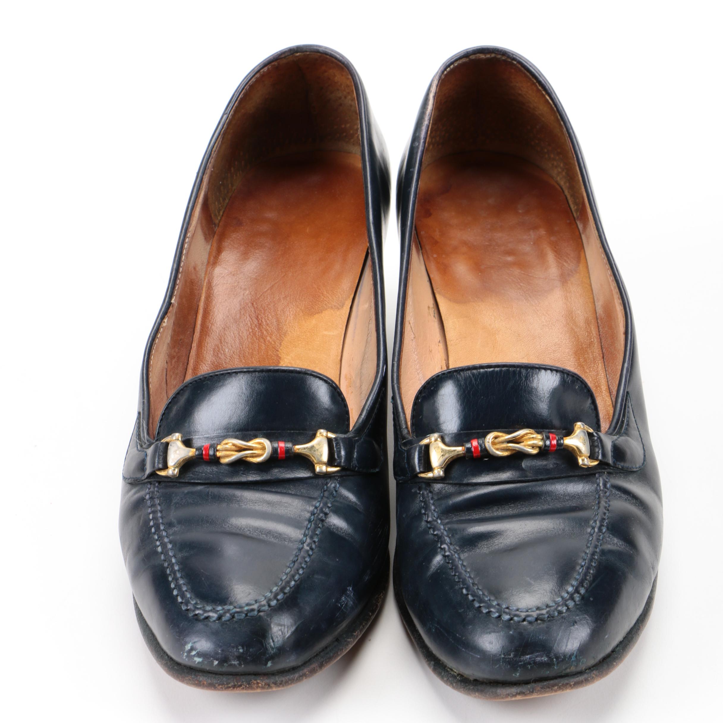 Vintage Gucci Navy Leather Heeled Loafers