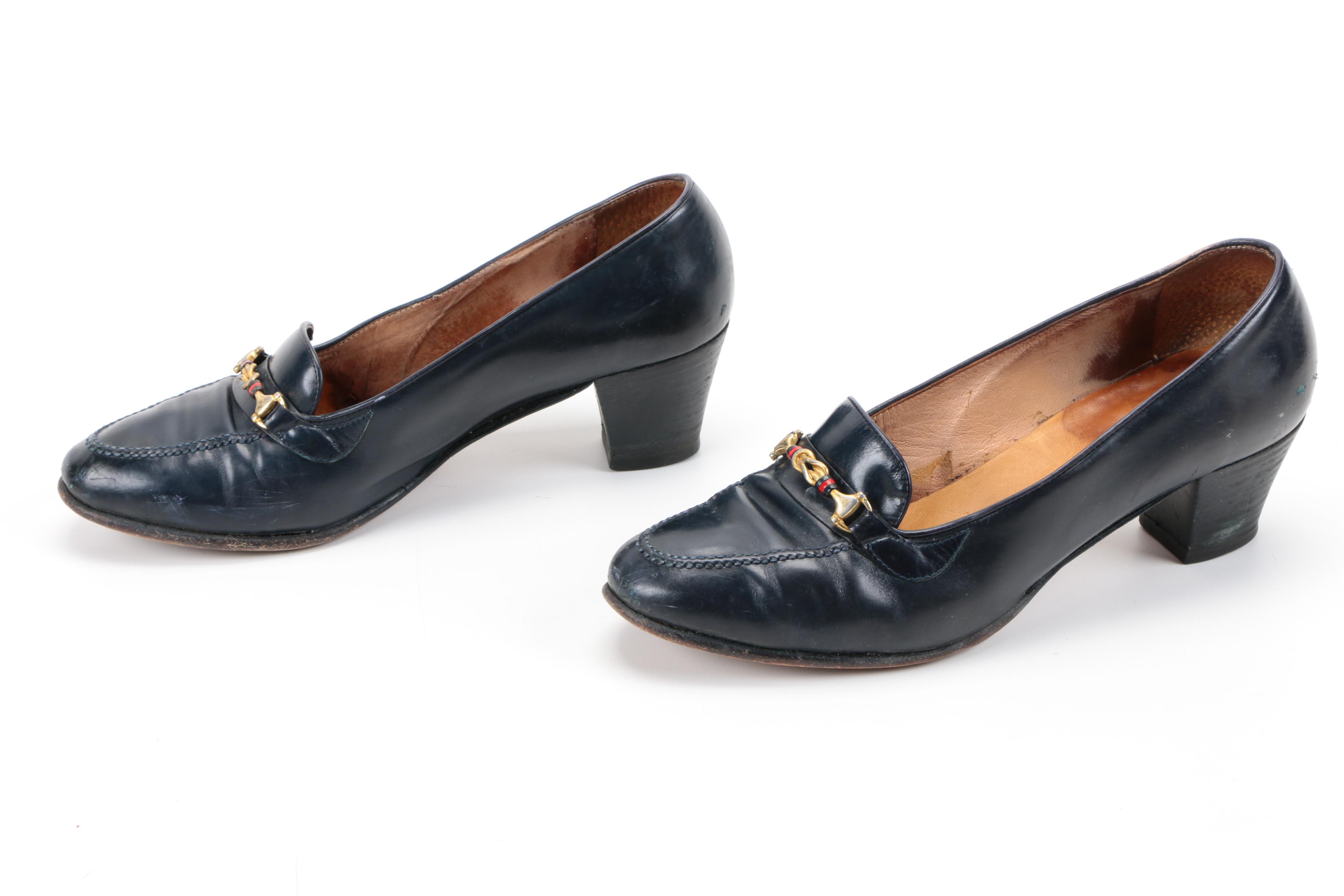 Vintage Gucci Navy Leather Heeled Loafers