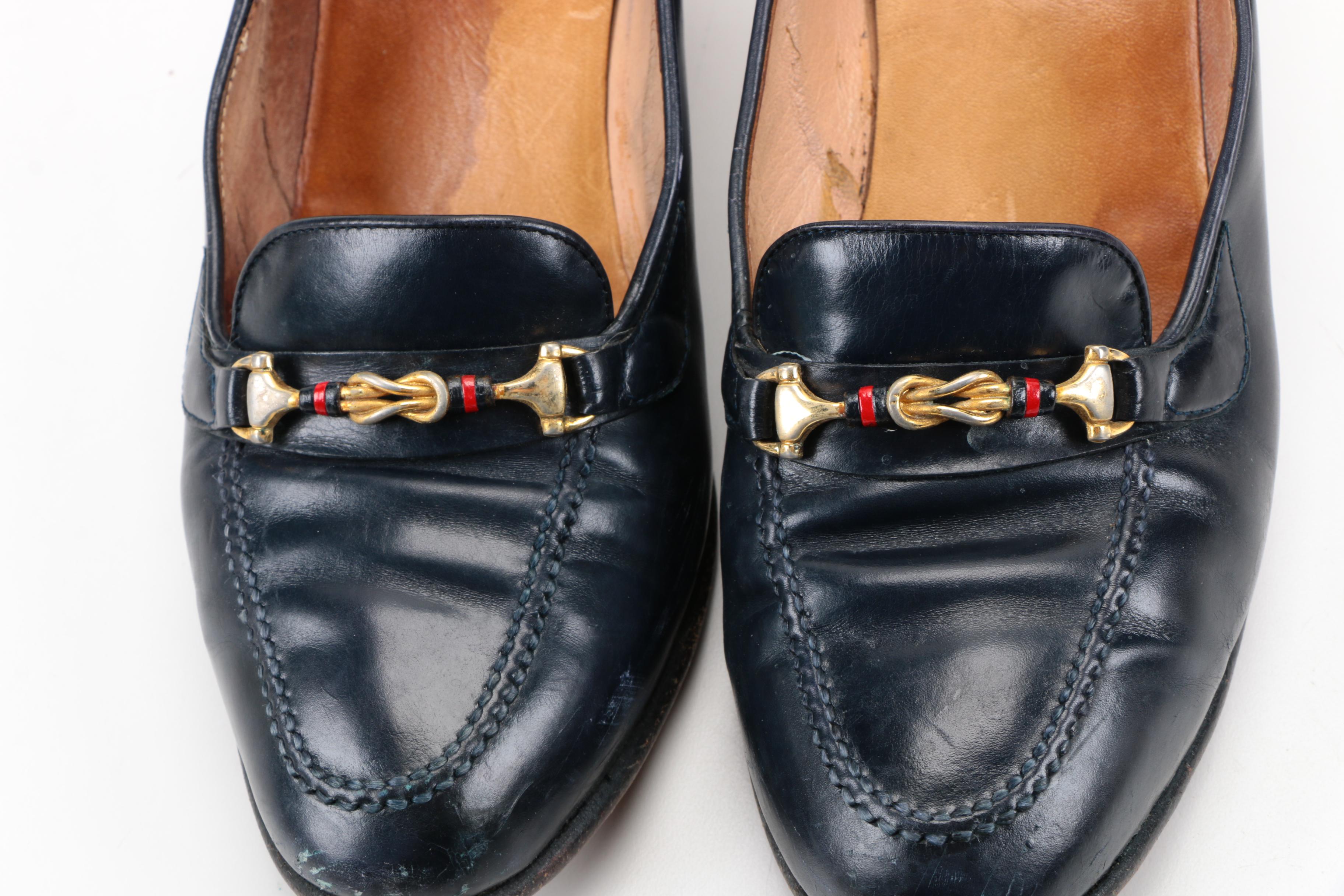 Vintage Gucci Navy Leather Heeled Loafers