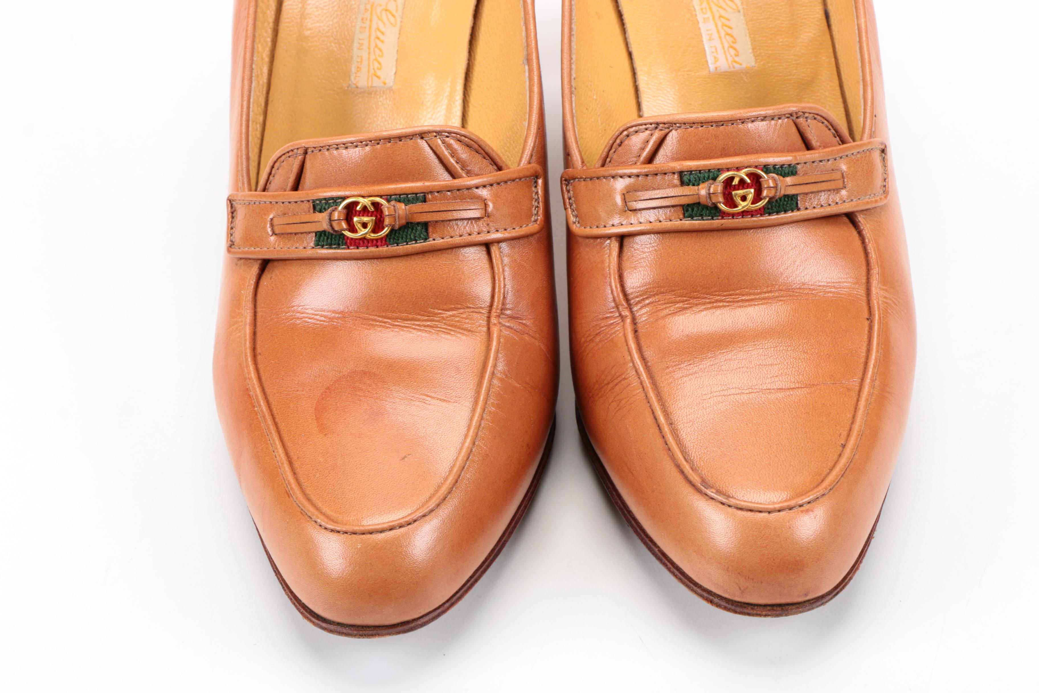 Vintage Gucci Tan Leather Heeled Loafers