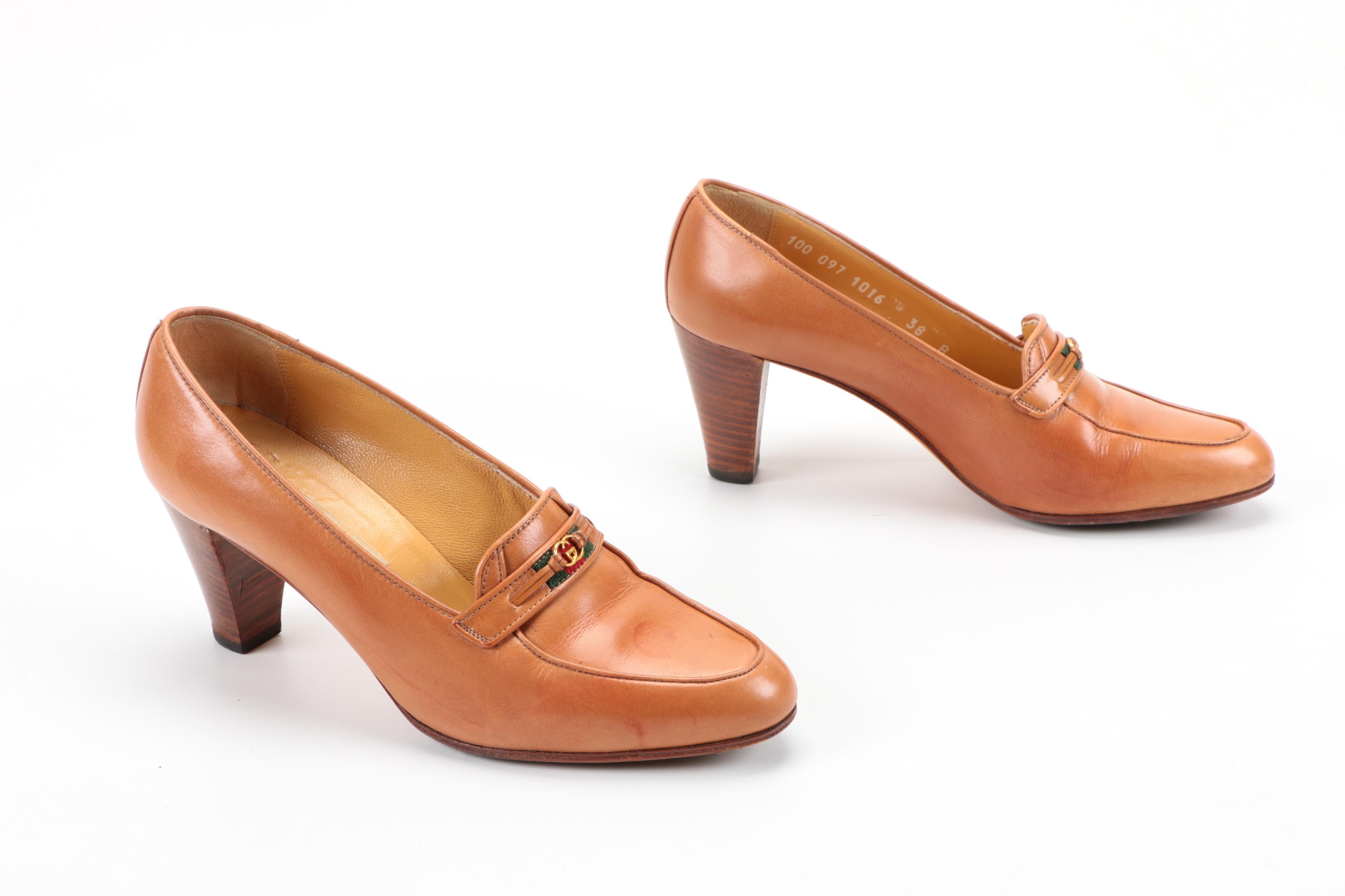 Vintage Gucci Tan Leather Heeled Loafers