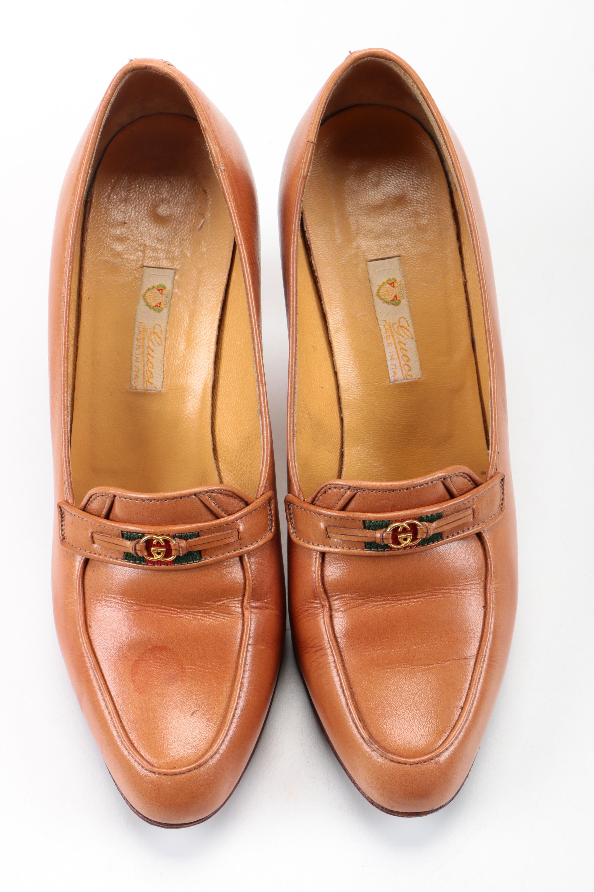 Vintage Gucci Tan Leather Heeled Loafers