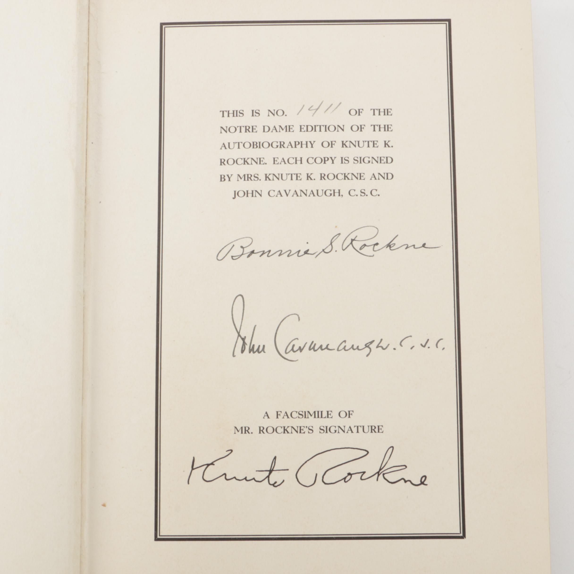 1931 Signed Limited Notre Dame Edition "The Autobiography of Knute K. Rockne"