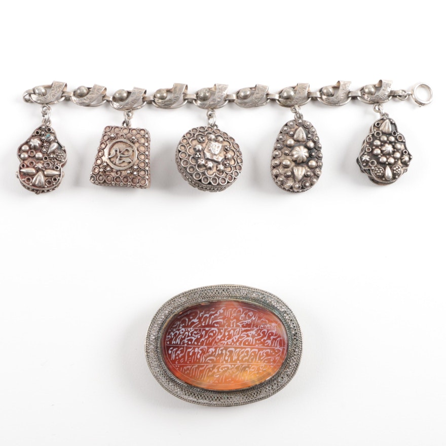 Sterling, 800, and 900 Silver Charm Bracelet with Metal and Agate Trinket Box