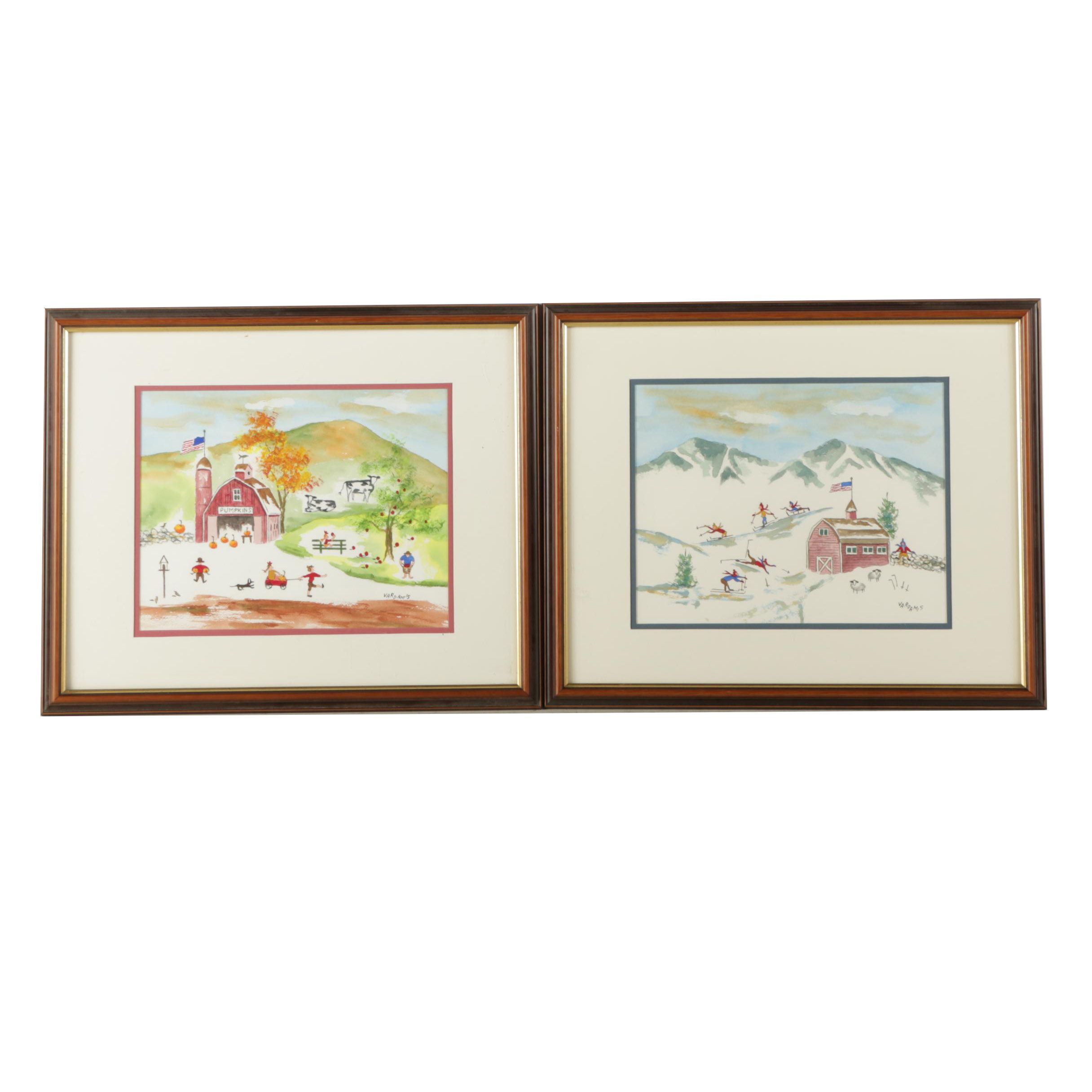 Two Antoinette Vardamis Watercolors "Down the Slopes" and "September Harvest"