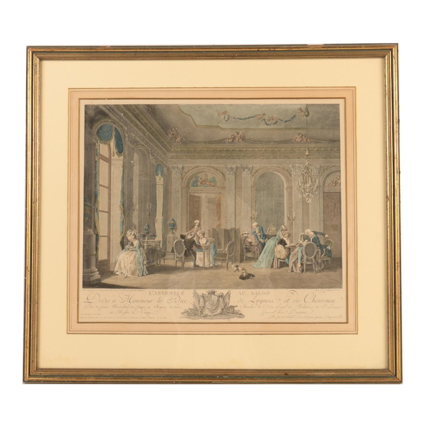 F. Dequevauriller Hand Colored Etching After N. Lavreince "L'Assemble au Salon"