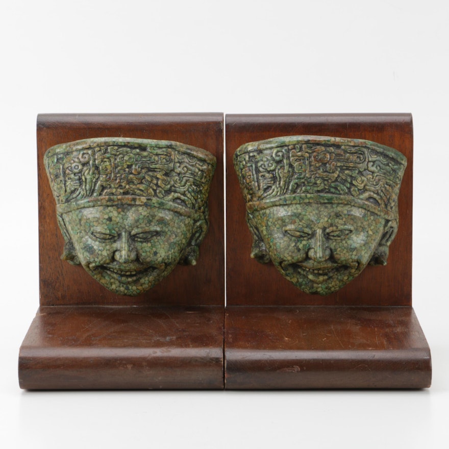 Wood Bookends With Depictions of Mayan Heads