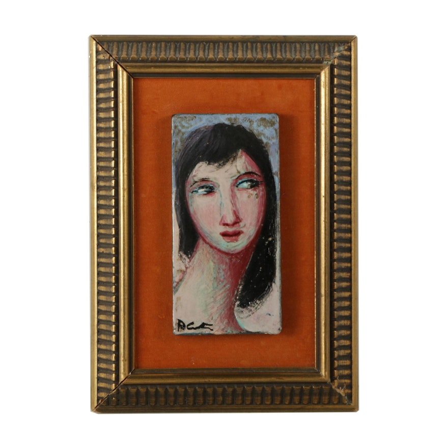 Enamel Modernist Portrait Painting on Metal Plate of a Dark-Haired Woman
