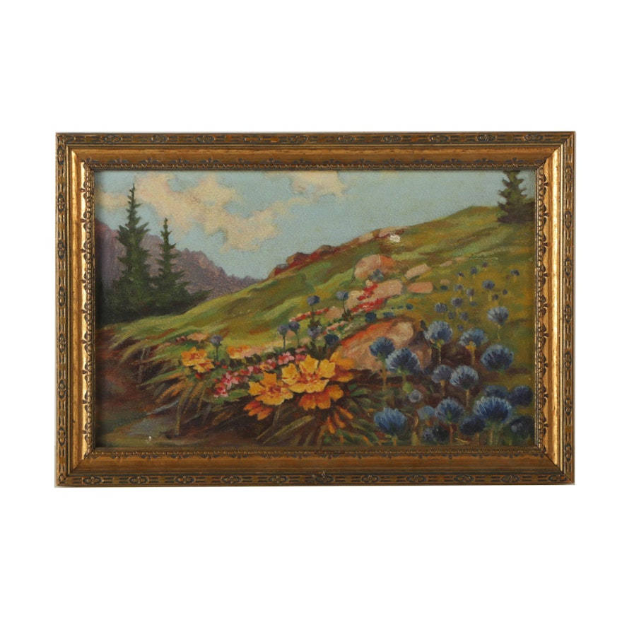 Oil Painting of a Hill and Wildflowers