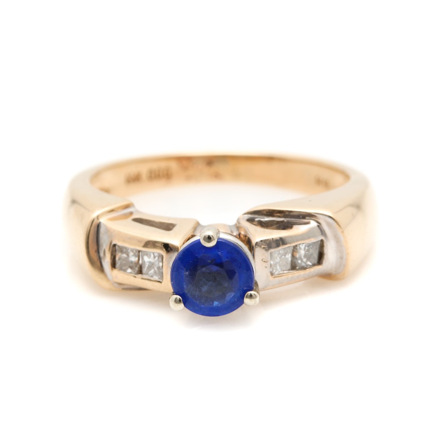 14K Yellow Gold Blue Garnet Doublet and Diamond Ring