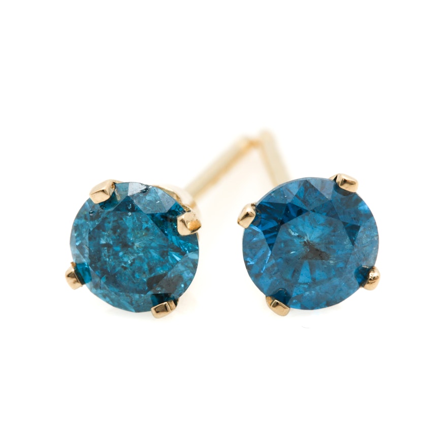 14K Yellow Gold Blue Diamond Stud Earrings