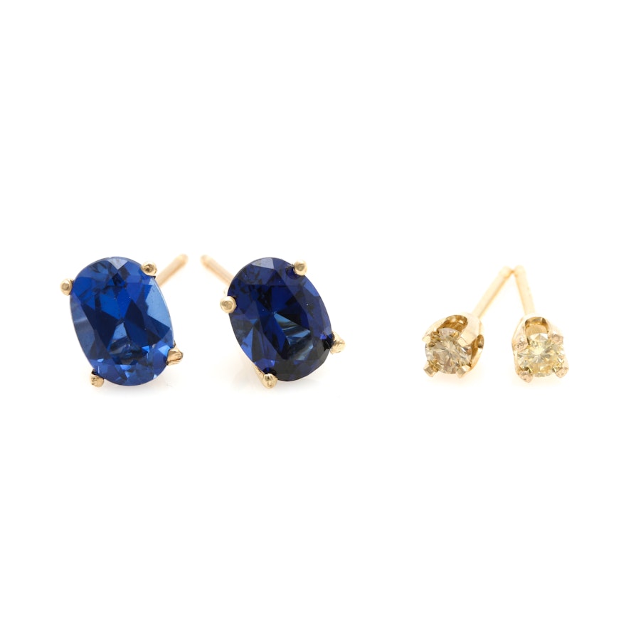 14K Yellow Gold Sapphire and Diamond Stud Earrings