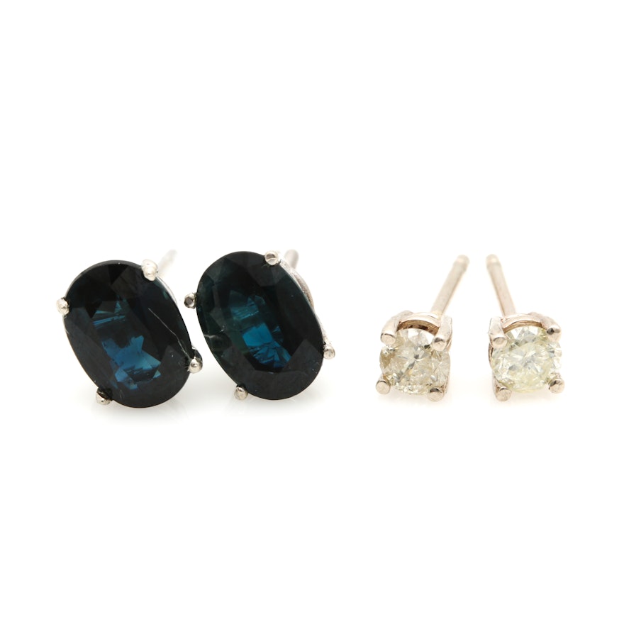 14K White Gold Diamond and Blue Sapphire Stud Earrings